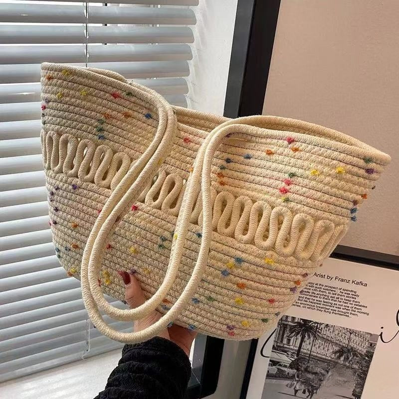 Bolsa Tote de Palha com Pontos Coloridos: Bolsa de Ombro Versátil e Fashion para Mulheres na Praia