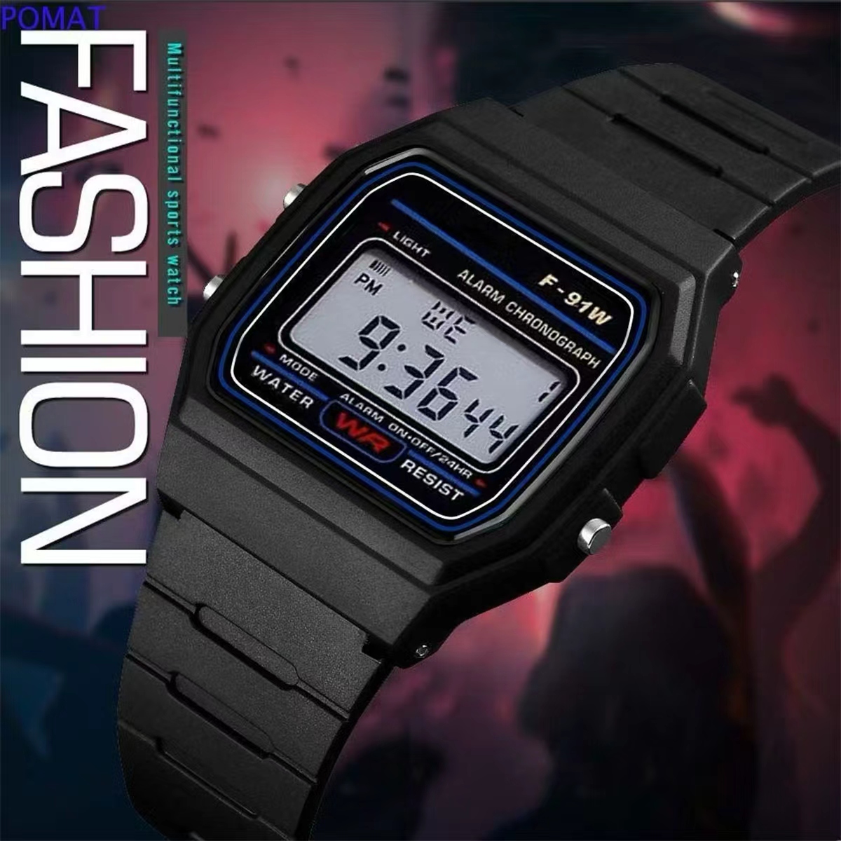 Relógio Esportivo Digital Masculino, estilo F-91W, resina preta, multifuncional com alarme e cronógrafo, ideal para uso
