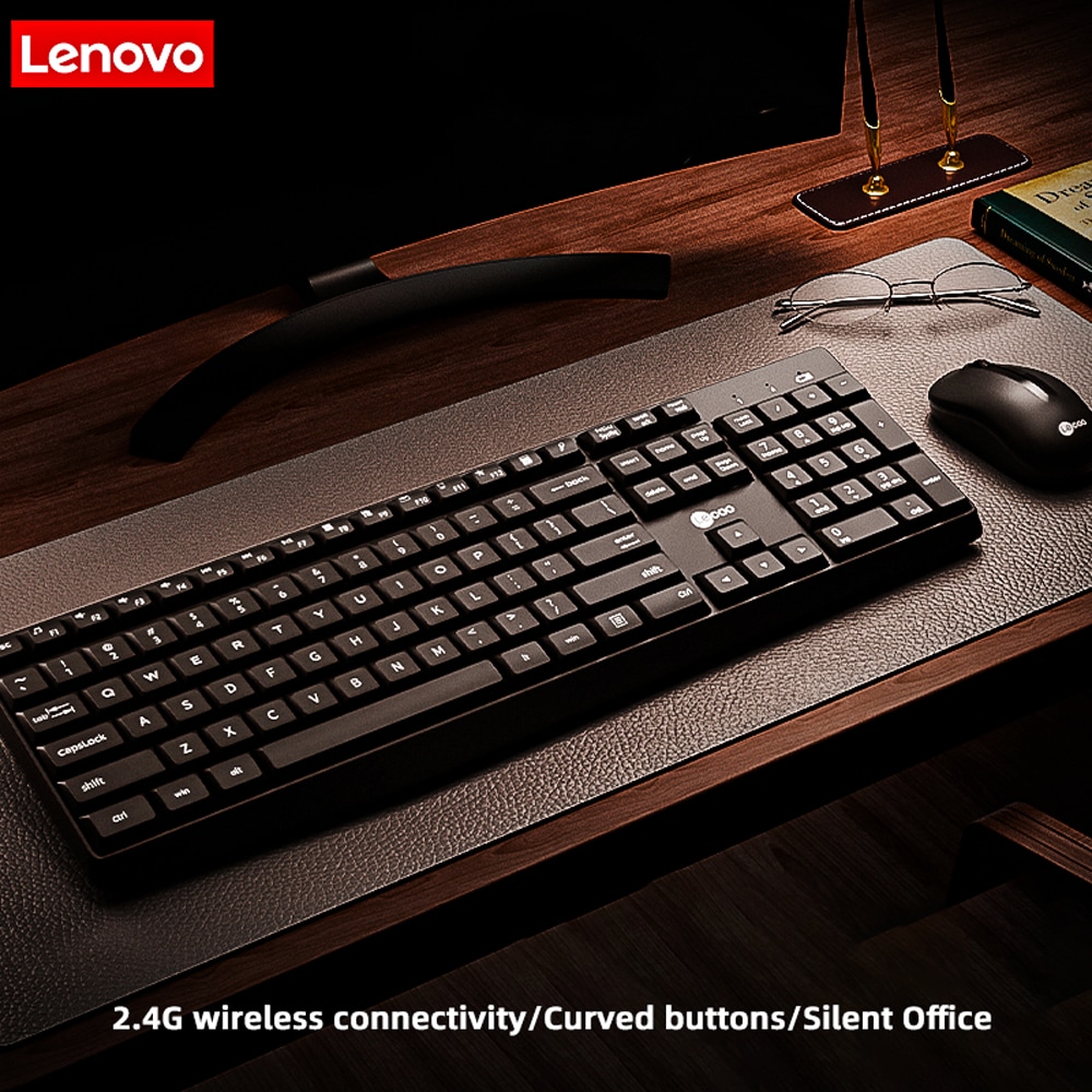 Conjunto de Teclado e Mouse Sem Fio Lenovo 2.4GHz com Teclas Curvas e Silenciosas, Atalhos Multimídia e Receptor USB