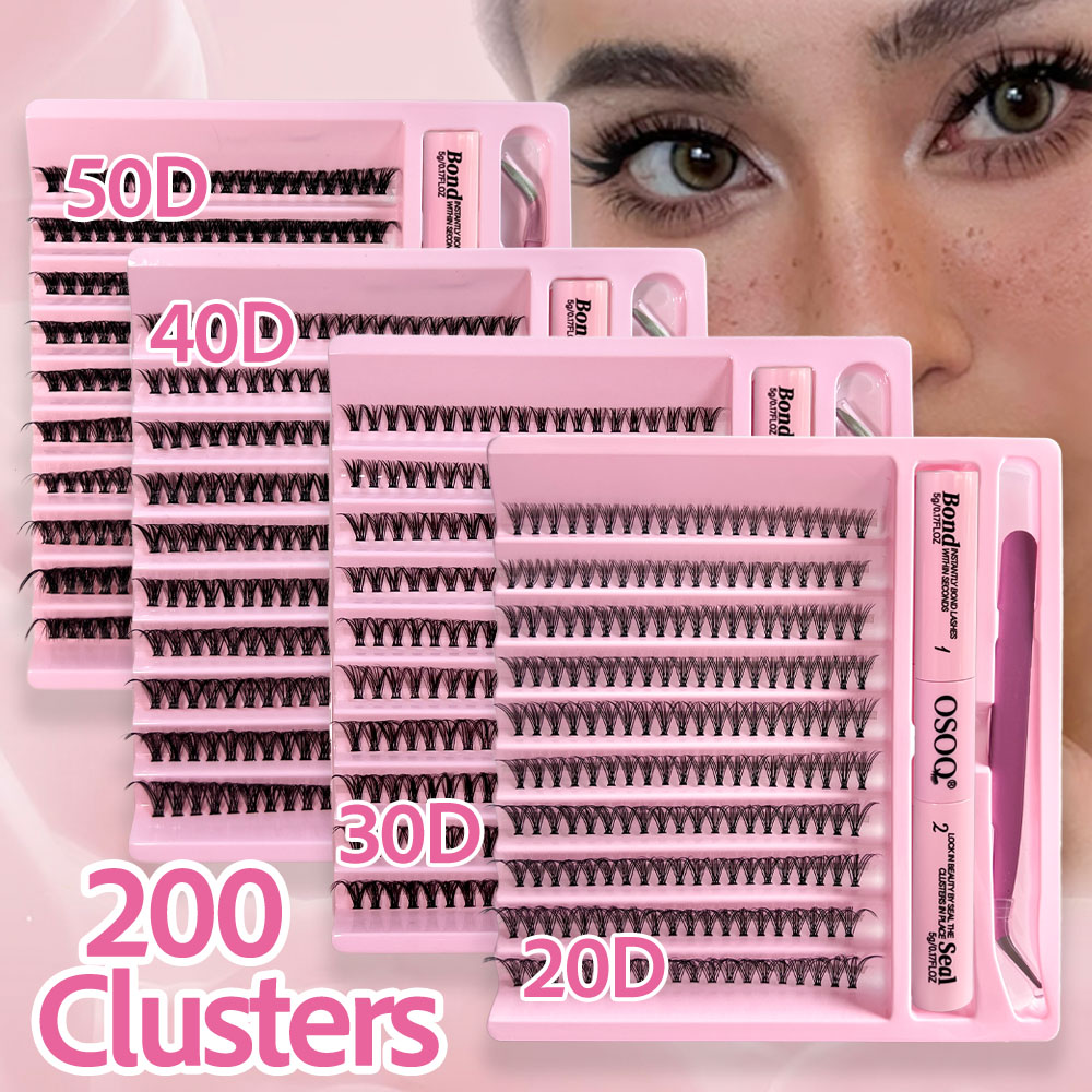 Conjunto De Extensão De Cílios 200 Peças , 20D-50D Misturado 8-16mm Volume De Alargamento Natural Com Pinça De Cola