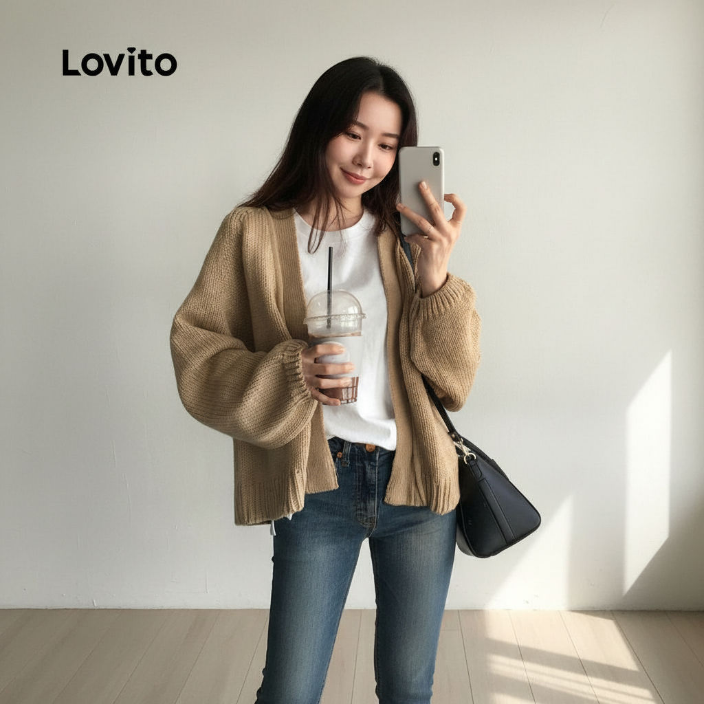 Lovito Cardigans Casuais Outono Inverno Simples para Mulheres Khaki LNA130010 em Oferta na Shopee