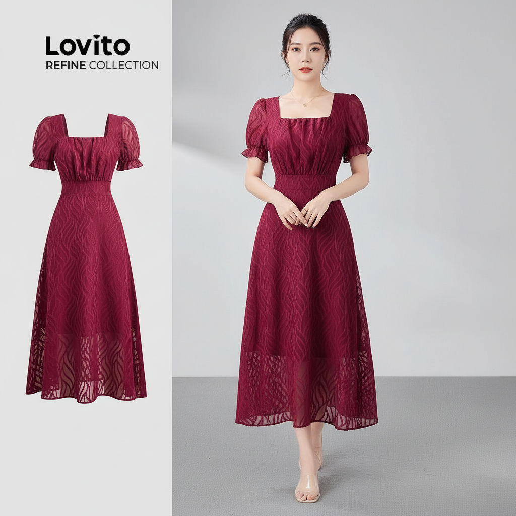 Lovito Refine Vestido Elegante Para Festa Evangélica Natal Cor Vinho Zíper Duplo Primavera Verão LR23E063 em Oferta na Shopee