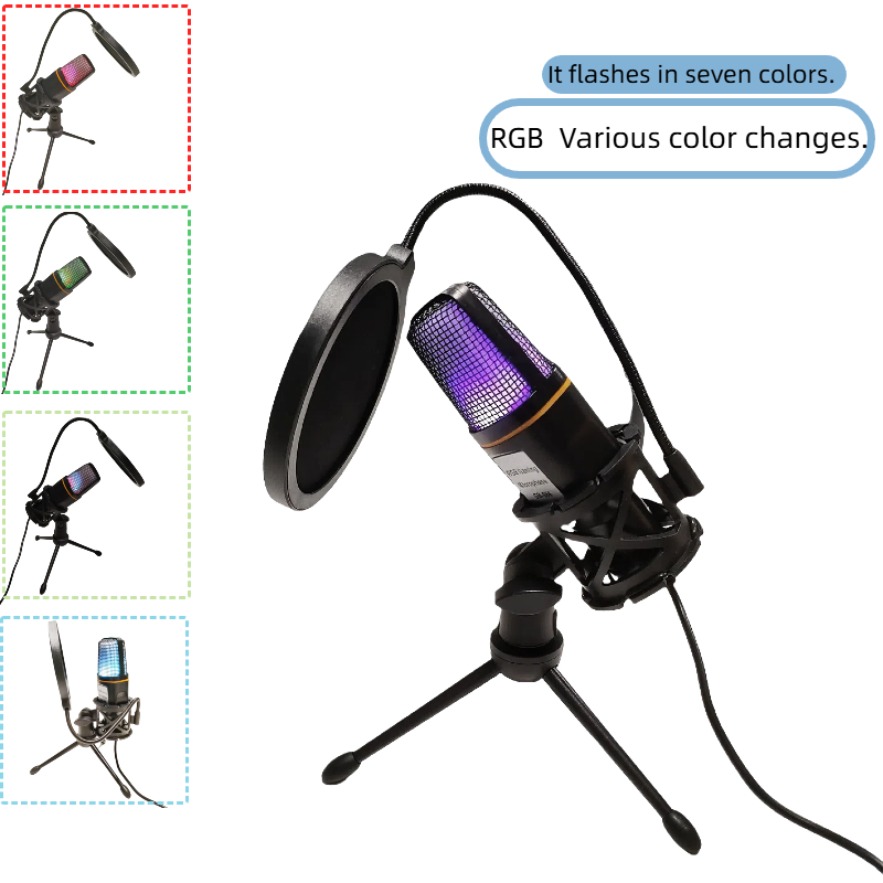 Conjunto de Microfone USB Condensador com Luz RGB Pop Filter e Tripé para Jogos, Transmissão e Gravação
