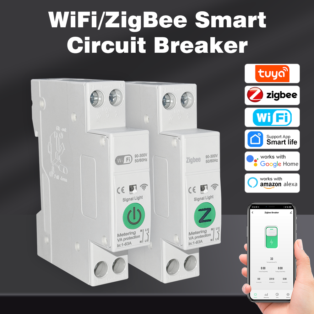 Trabalhe Com Tuya WiFi/Zigbee 1A-63A Disjuntor Ajustável Inteligente Interruptor De Trilho Din Medição Para Alexa Google