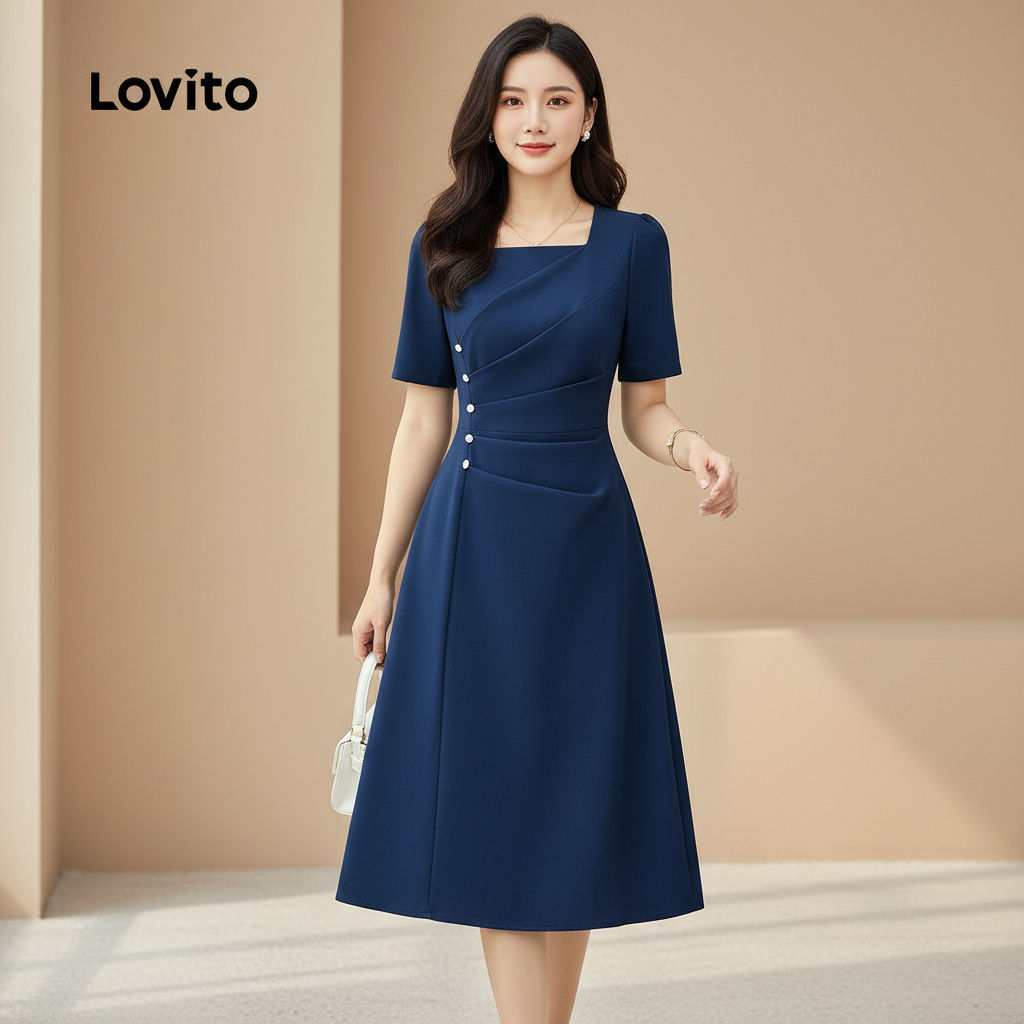 Lovito Elegante Vestido Plissado Feminino Azul Marinho para Primavera Verão L172