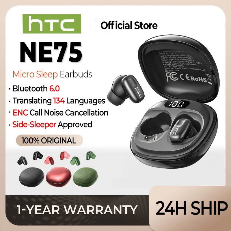  Fones de Ouvido HTC NE75 AI Translador Cancelamento de Ruído TWS Bluetooth 6.0 Display LED Com Microfone