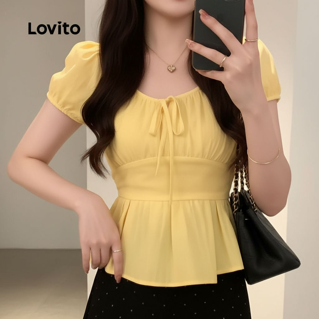 Lovito Blusa Feminina Casual Amarela com Laço Primavera/Verão LK2ED988 em Oferta na Shopee