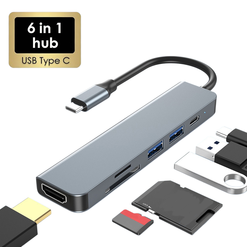 Adaptador De Hub USB-C 6 Em 1 Tipo Com Leitor De Cartão SD/TF Compatível HDMI Para Conversor De Laptop