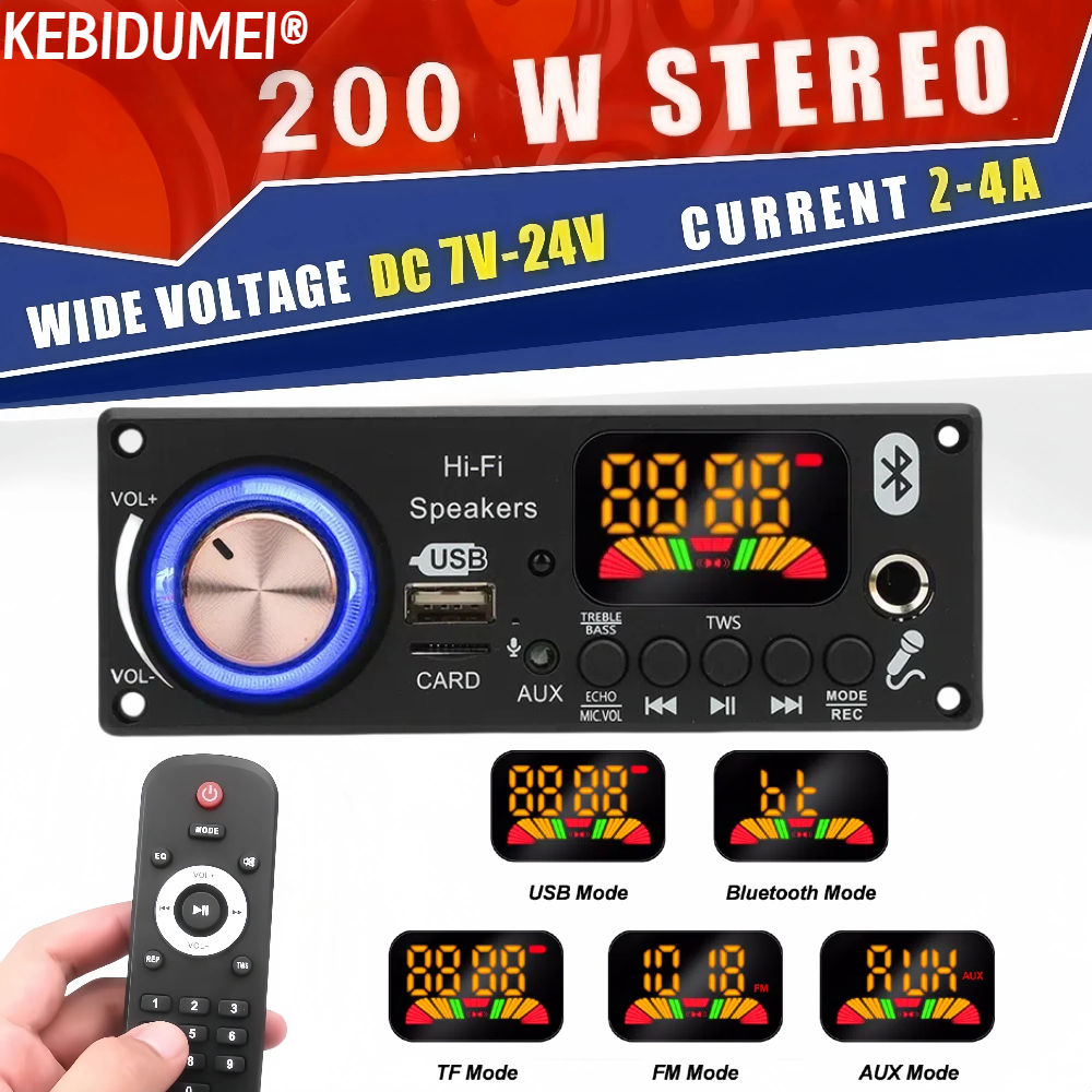 200W DIY Amplificador Bluetooth 5.3 MP3 Decodificador Placa 12V 6.5mm Microfone FM TF USB Reprodutor De Áudio Do Carro