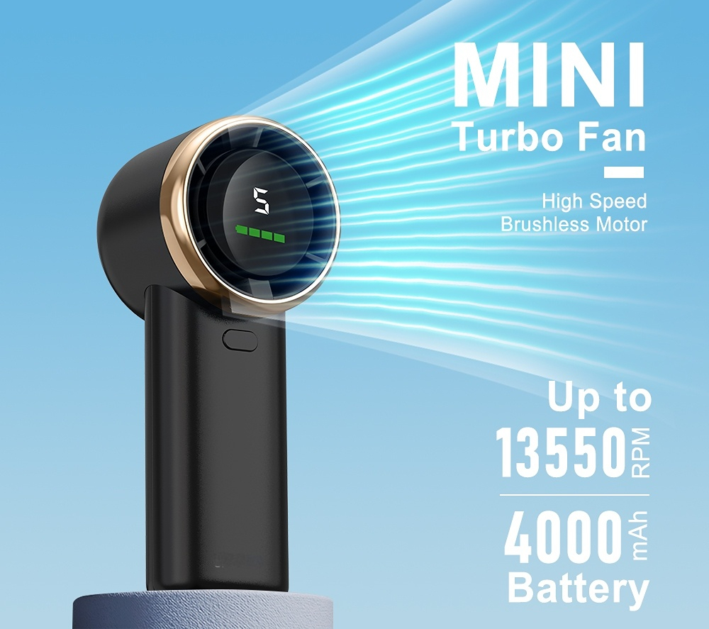 Ventilador portátil de mão HF03 4000mAh, ventilador de turbina de alta velocidade, 5 níveis de velocidade do vento,
