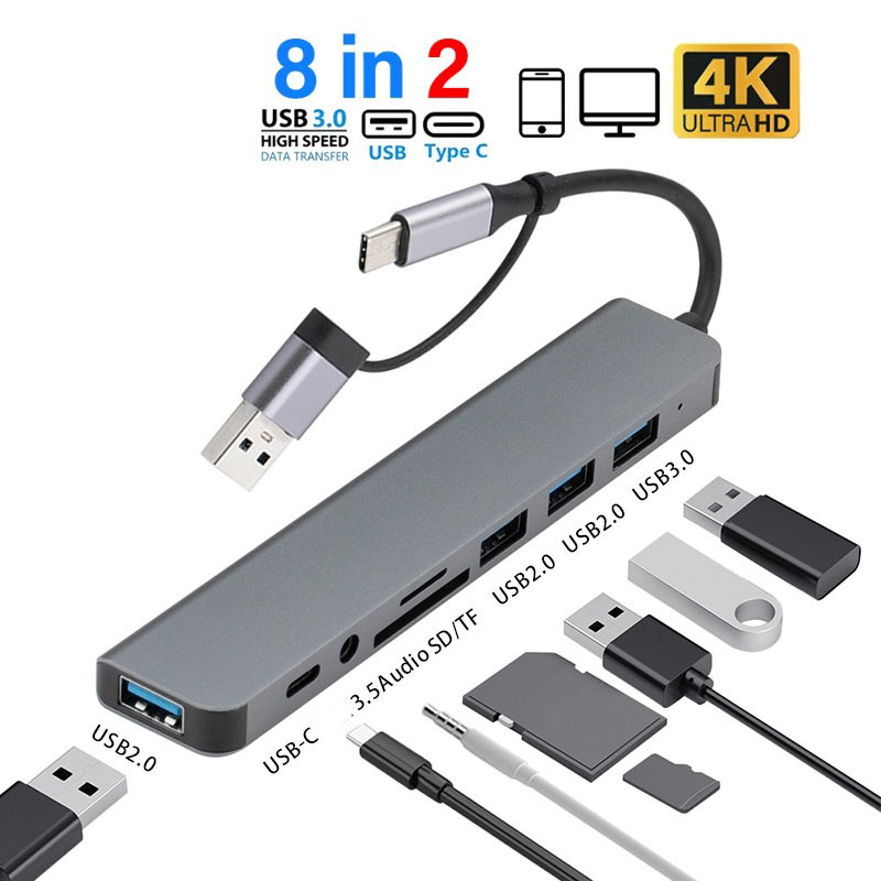 Hub USB 8 Em 2 Para MacBook Splitter TF Leitor De Cartão SD Porta-C Estação De Acoplamento 3.0 em Oferta na Shopee