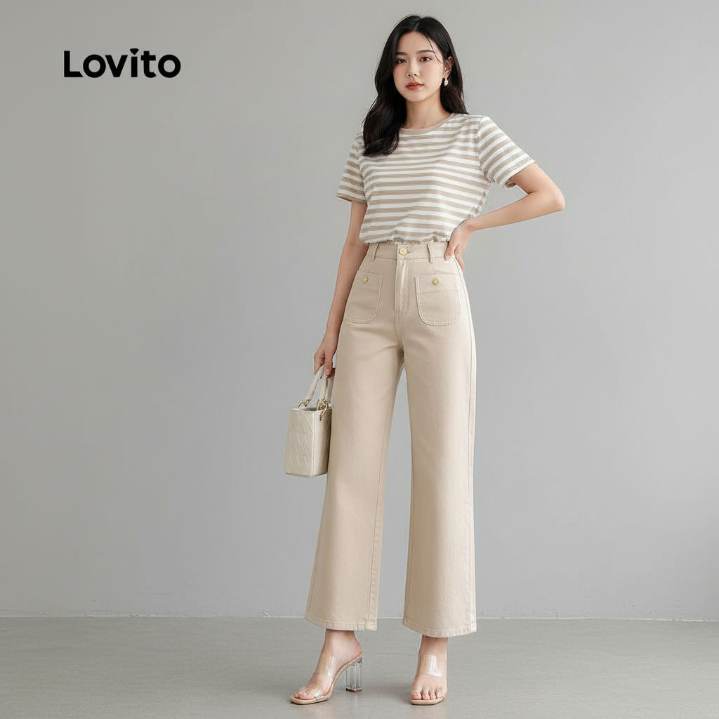 Lovito Calça Feminina Clássica e Elegante com Bolsos para Primavera Verão Cor Khaki Claro LK2ED1349 em Oferta na Shopee