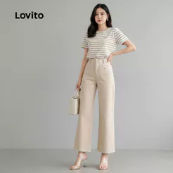 Lovito Elegante Calça Feminina Clássica e com Bolsos para Primavera Verão Cor Khaki Claro LK2ED1349