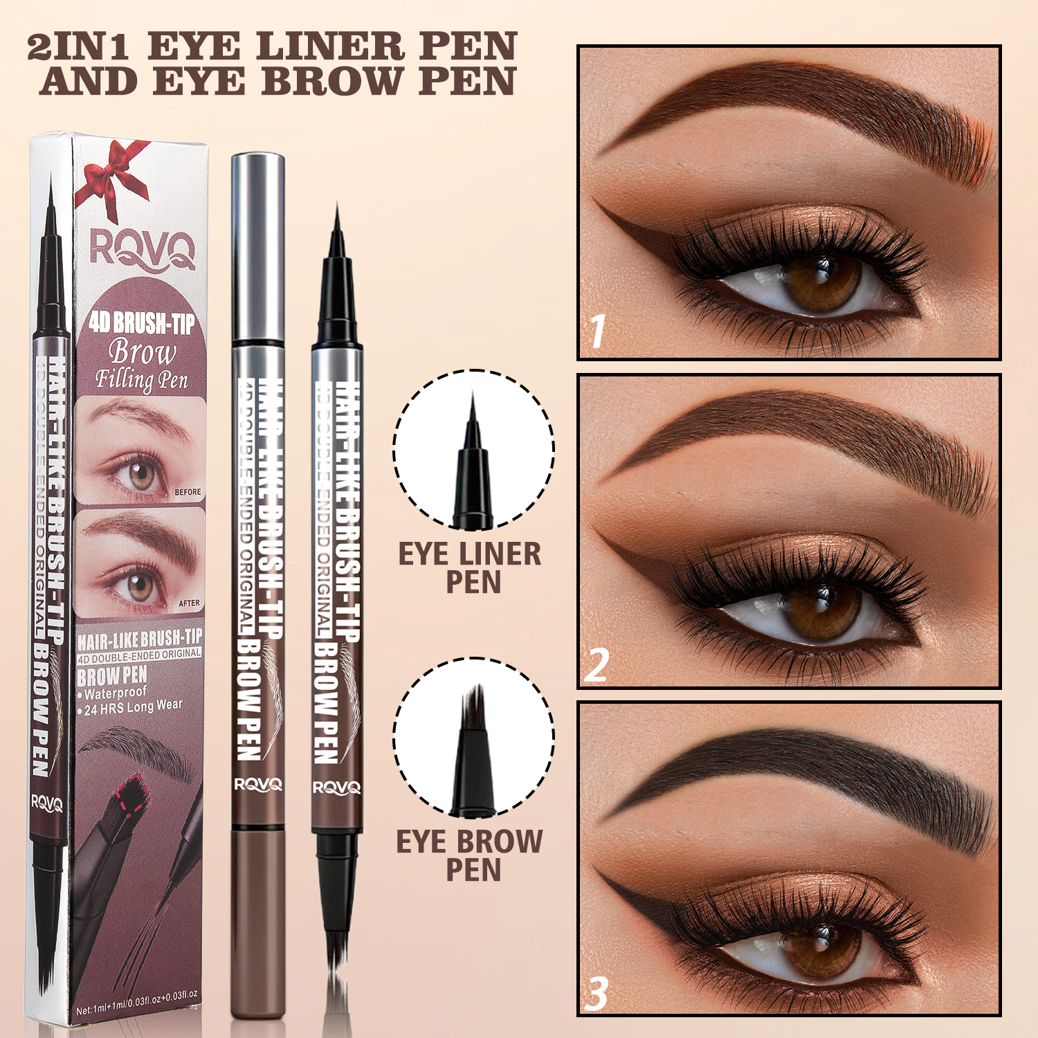 Caneta Para Sobrancelhas E Delineador 2 Em 1-Pincel De Microblading De Ponta Dupla , Tipo Cabelo 4D , À Prova D'água De