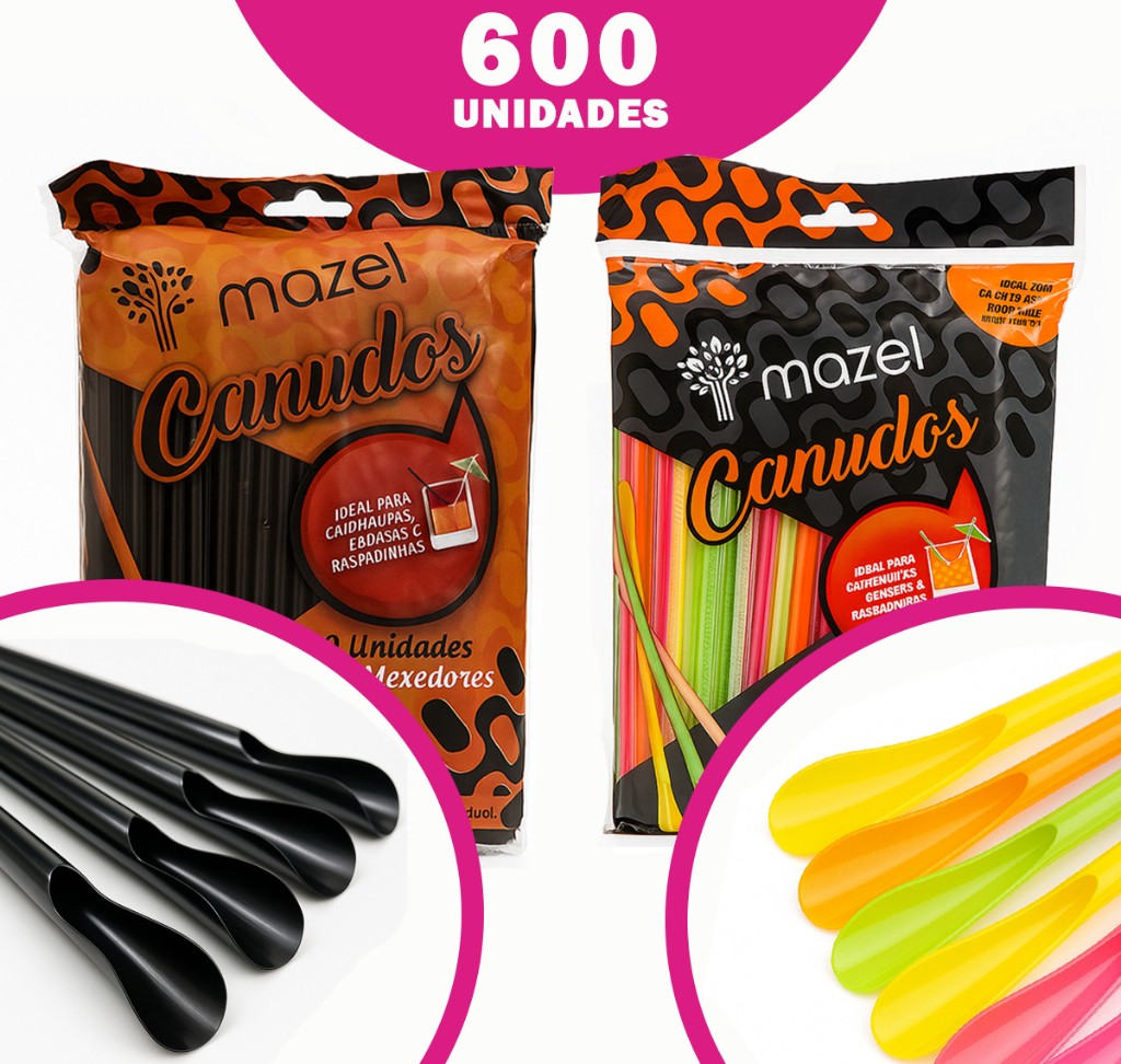  Kit de 600 Canudos e Colheres Misturadoras para Caipirinhas, Bebidas, Sucos, Cores Neon ou Pretas, para Festas e