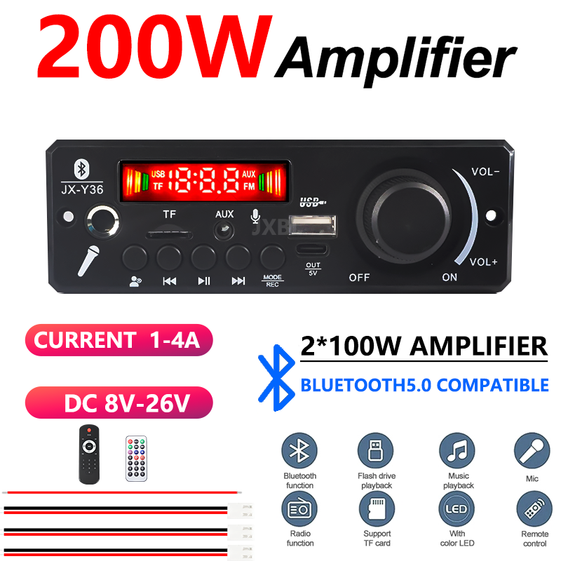 Placa Amplificadora Bluetooth com Display, Tensão Ampla 200W 8V-24V, Carcaça de Plástico, Cabo de Força para MP3 Player