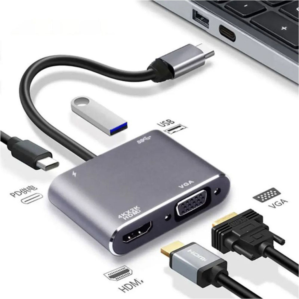 Hub USB-C 4 em 1 4K 60Hz HDMI VGA USB 3.0 Conversor Adaptador Multiportas para PC e Laptop