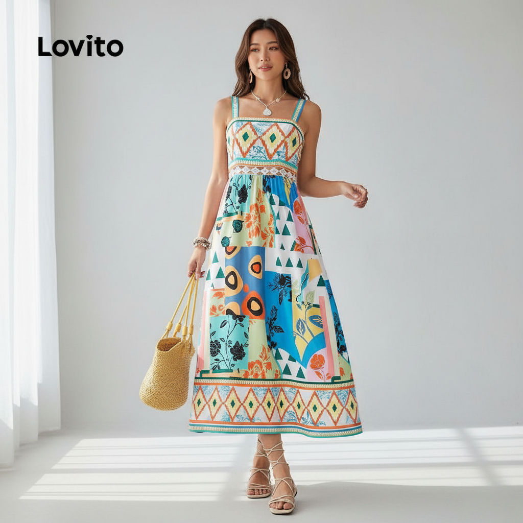 Lovito Refine Vestido Boho com Pregas para Mulheres de Primavera e Verão LBL30278 em Oferta na Shopee