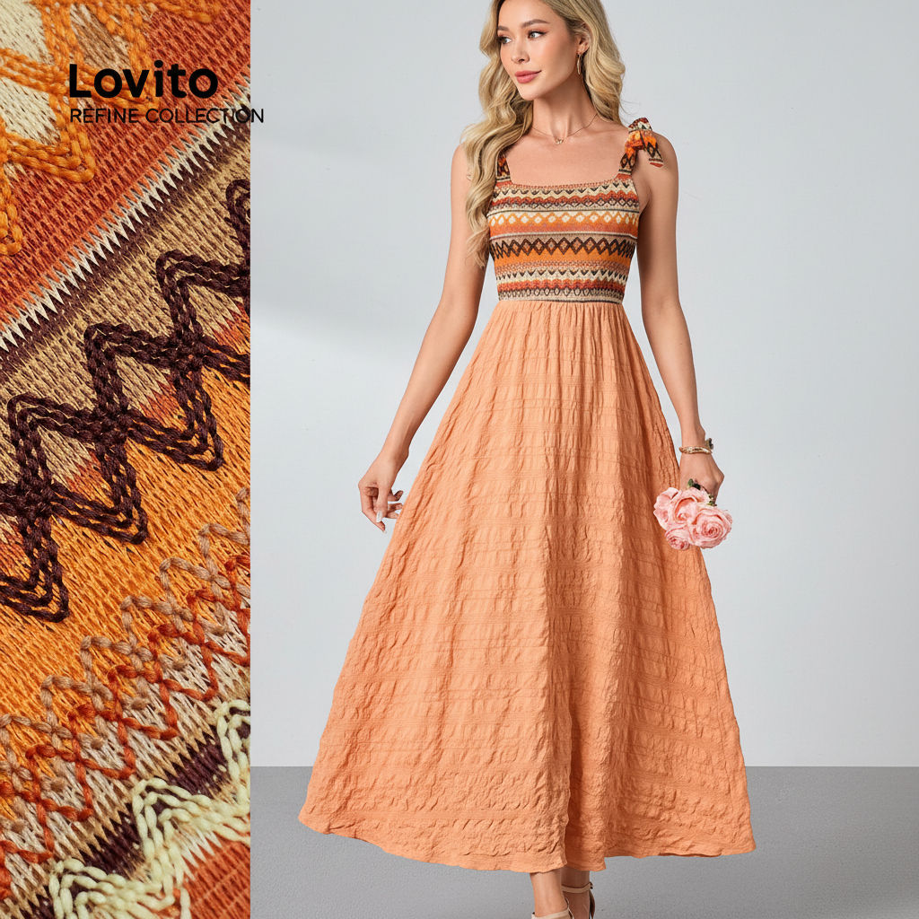 Lovito Refine Vestido Boho Laranja com Amarração Primavera Verão LR29L035 em Oferta na Shopee