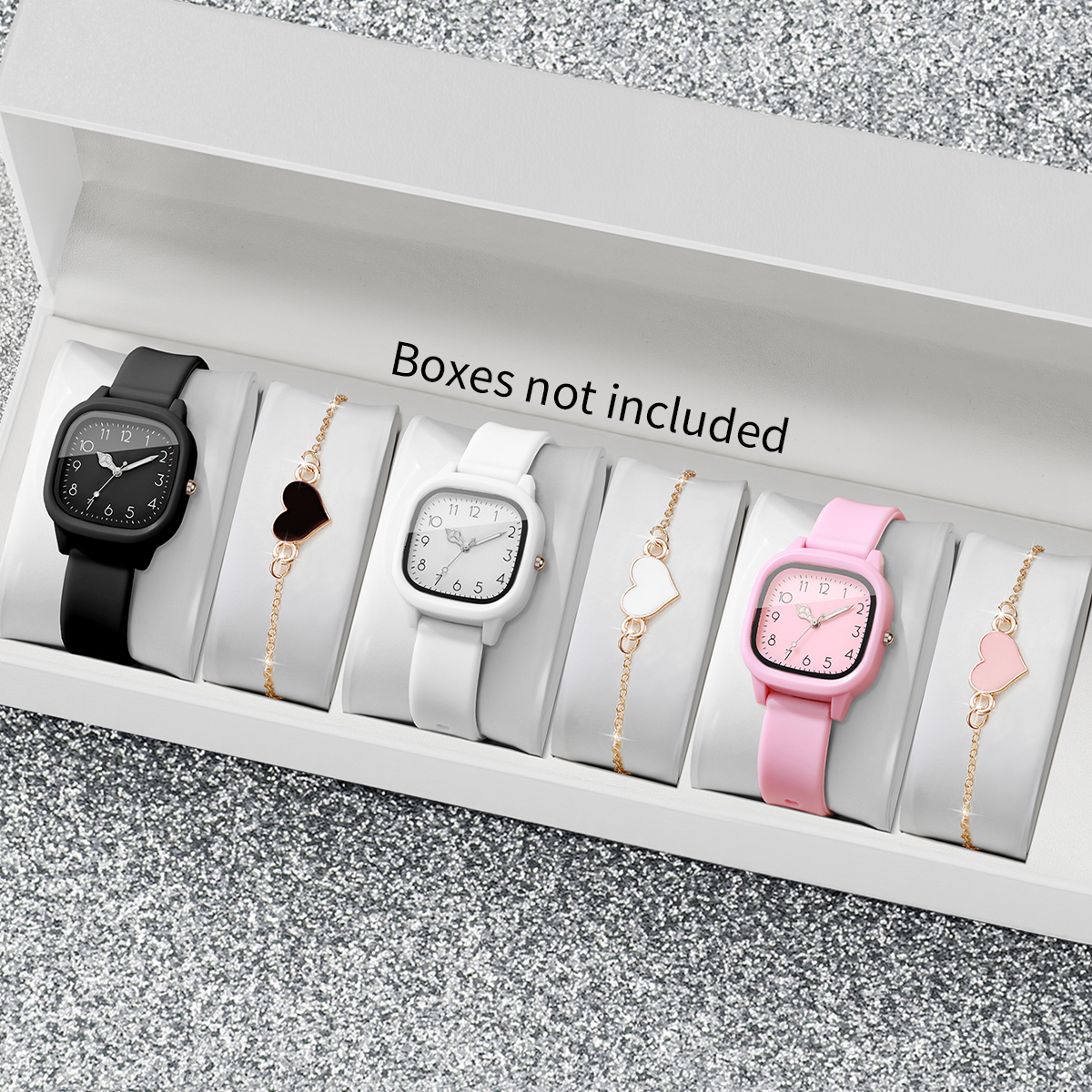 Detalhes do Dia Dos Namorados Verão 6 Peças Mostrador Árabe Silicone Conjunto De Relógio Feminino Coração Pulseiras Quartzo