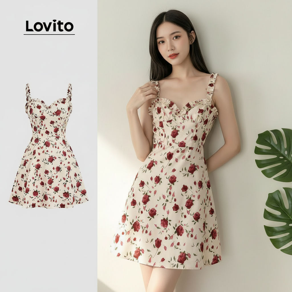 Lovito Vestido feminino casual com zíper e acabamento em alface para primavera verão L172LD1288