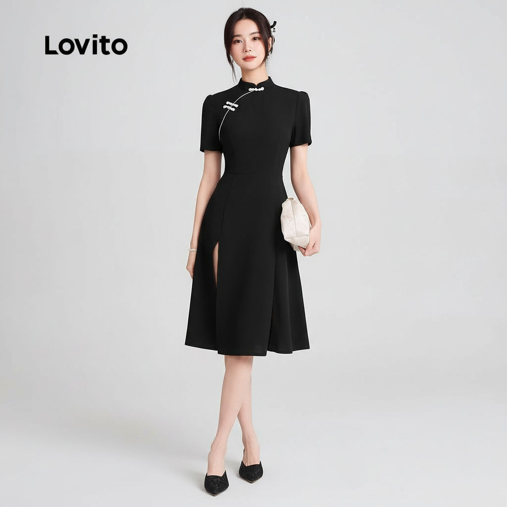 Lovito Vestido Casual Estilo Chinês Cheongsam Qipao Botão Primavera/verão Preto L166AD247 em Oferta na Shopee