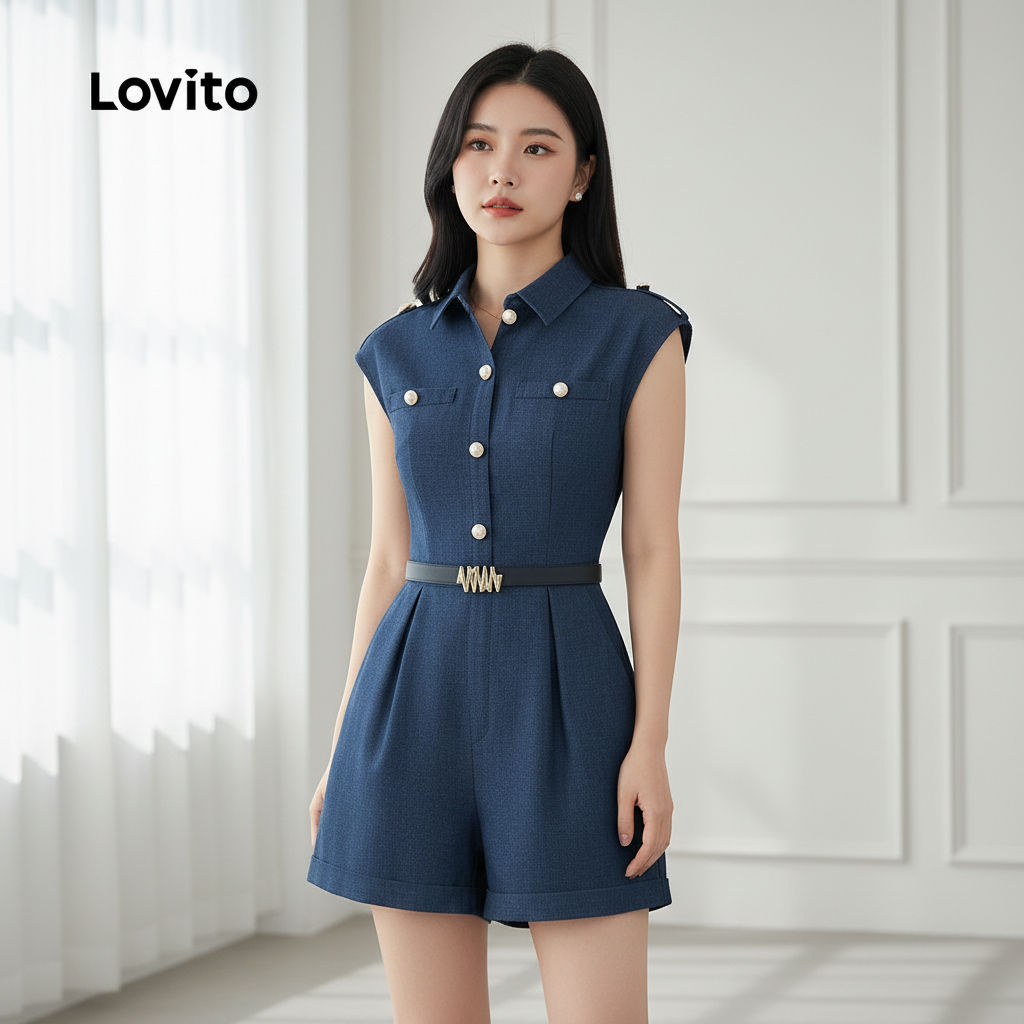 Lovito Macacão Feminino Azul Escuro com Botões e Bolso Falso Primavera/Verão L157ED184 em Oferta na Shopee