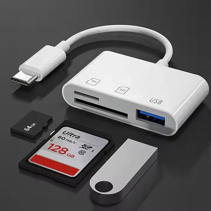Leitor de Cartões SD/TF 3 em 1 com Conector OTG para Samsung, Xiaomi e Adaptador USB-C para Laptop