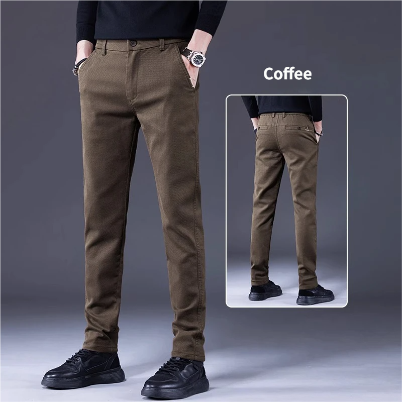 Calça Formal Masculina Slim Fit – Elástica Quente Para Negócios , Perna Reta Em Preto , Cinza E Café