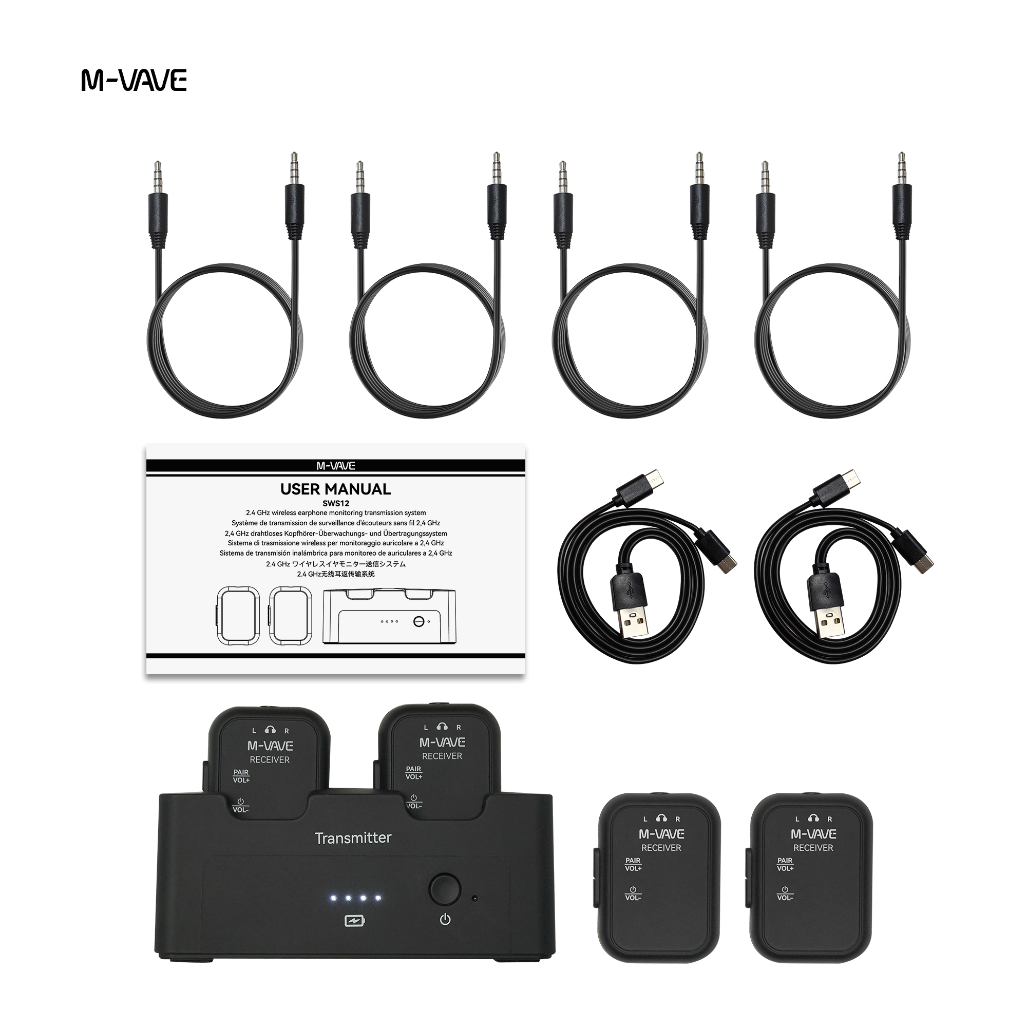 M-VAVE 2.4G WP-12 Fone de Ouvido Monitor, Transmissor Recarregável Sem Fio 4 Receptores com Botão de Volume Função Mudo