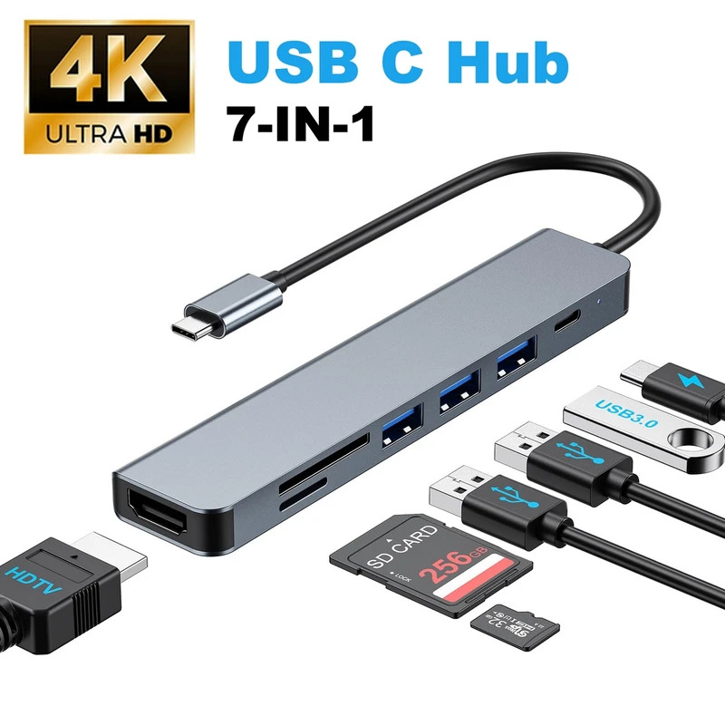 Estação de acoplamento multifuncional USB C 7 em 1 com saída HDTV 4K@30Hz, 3 portas USB A, leitores SD e microSD, 100W