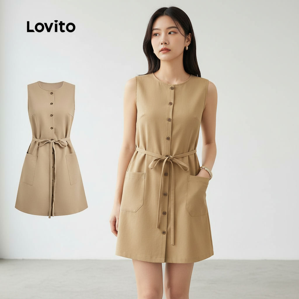 Lovito Casual Vestido Sofisticado com Laço Frontal e Botões na Parte da Frente p