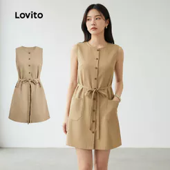 Lovito Casual Vestido Sofisticado com Laço Frontal e Botões na Parte da Frente para Primavera/Verão em Caqui L158ED970