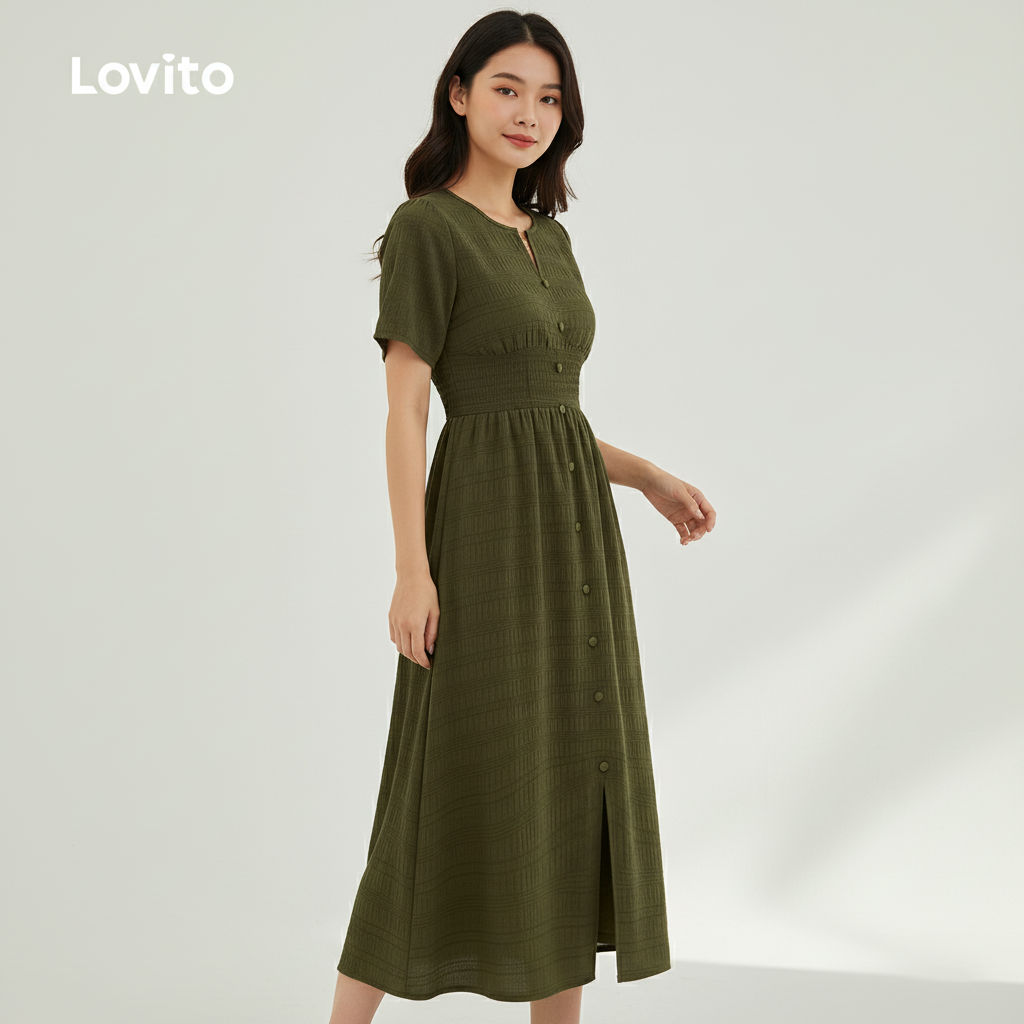 Lovito Refine Vestido Casual Com Zíper Verde Para Primavera/verão Para Mulheres LBL30255 em Oferta na Shopee