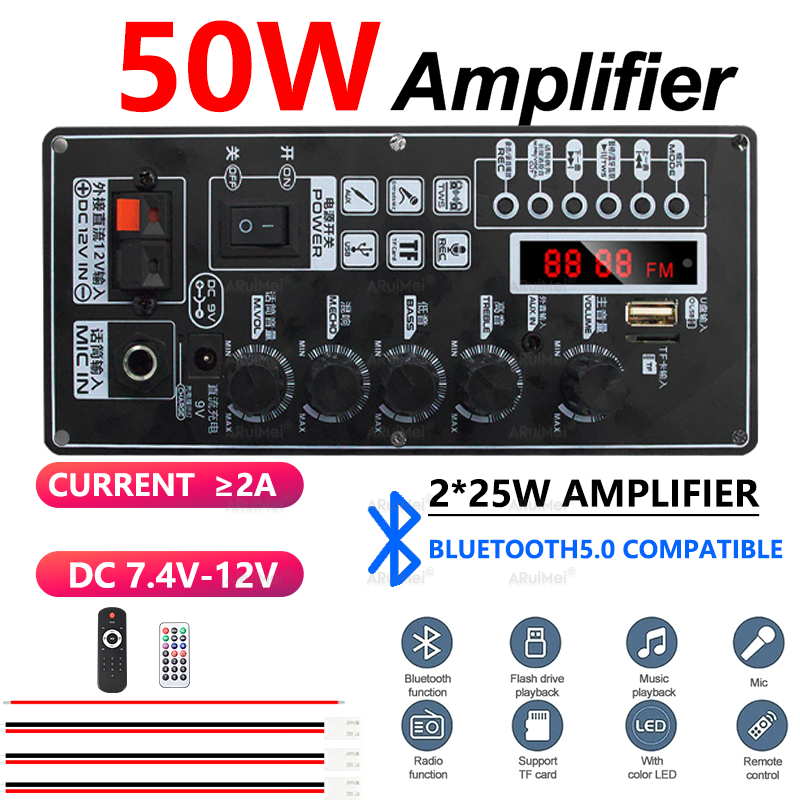 Placa Amplificadora Bluetooth 5.1 2x25W MP3 Decodificador Display Case DC 12V DIY Pro