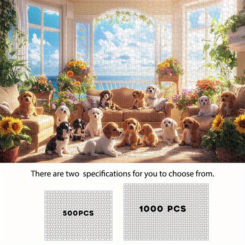 Sunny Coast Cozy Indoor : Cachorrinho Fofo E Flores Coloridas , 500/1000 Peças De Quebra-Cabeça De Madeira , Detalhe Des