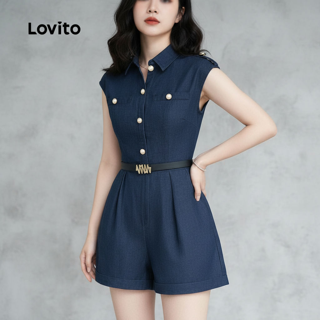 Lovito Macacão Feminino Azul Escuro com Botões e Bolso Falso Primavera/Verão L157ED184 em Oferta na Shopee