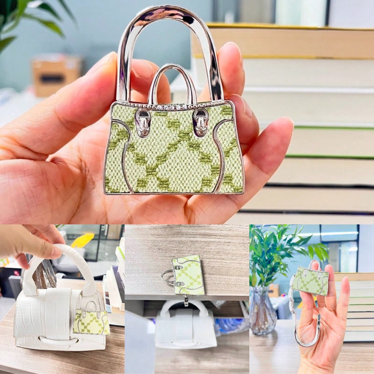 Gancho Dobrável de Bolsa com Pintura de Montanha e Rio, Plug-in Externo Portátil, Trevo com Água e Diamante, Artesanato