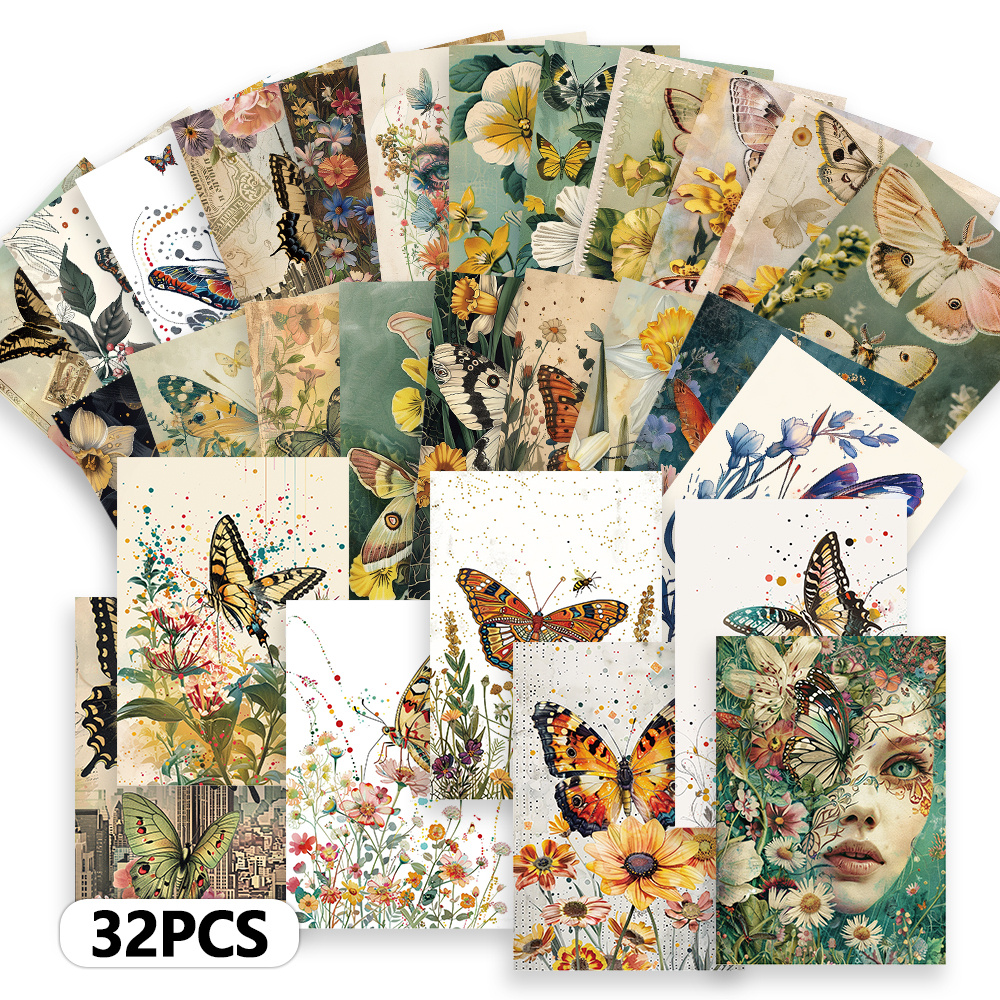 Conjunto De 32 Peças De Cartão Postal De Planta Borboleta Verde Vintage , Estilo Ins Para Presente Artesanal