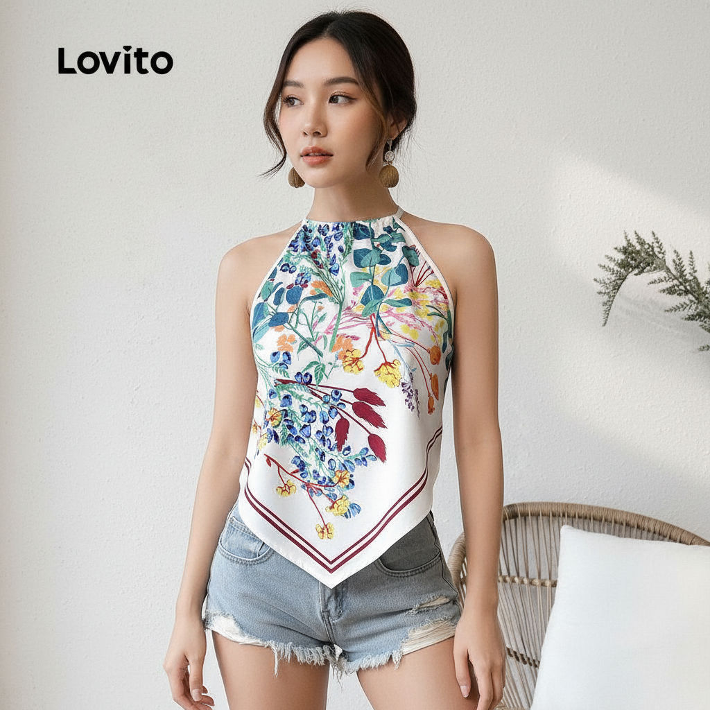 Lovito Boho Blusa Feminina Estampada Étnica com Amarração Primavera Verão Resort LBL32034