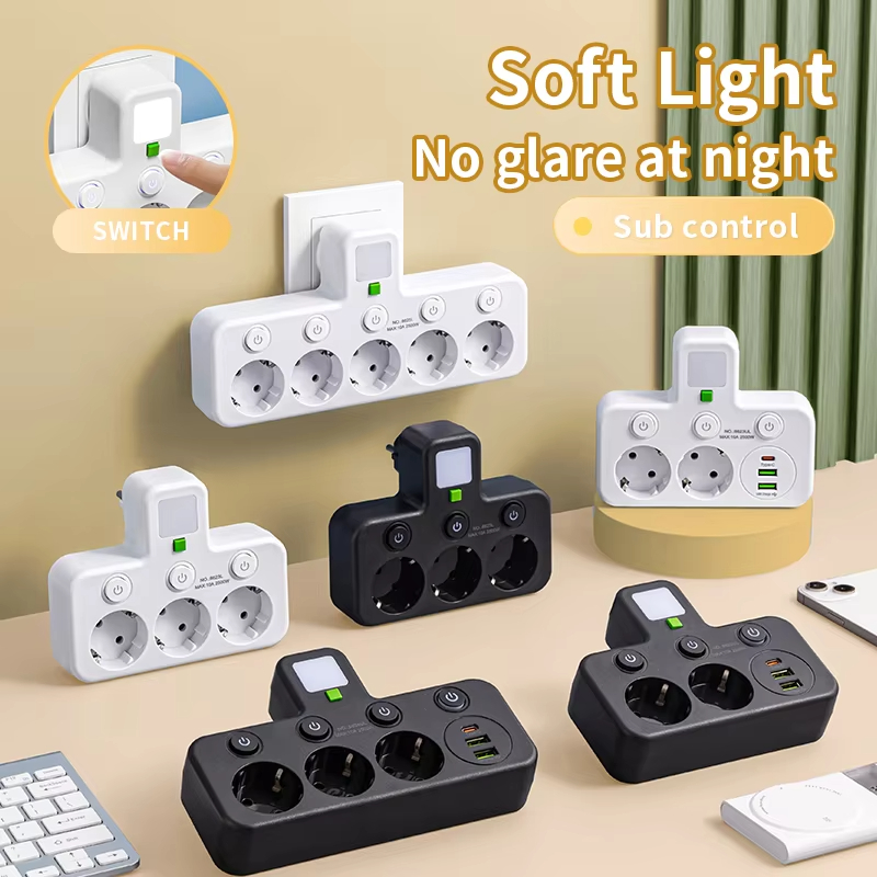 Tomada de parede com 4 saídas e múltiplas entradas, com 2 portas USB e 1 porta Tipo-C, sem cabo de extensão, potência
