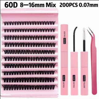 Kit de Cílios em Cacho com 200 Unidades 60D Volume Extensões de Cílios Postiços em D, Cac…