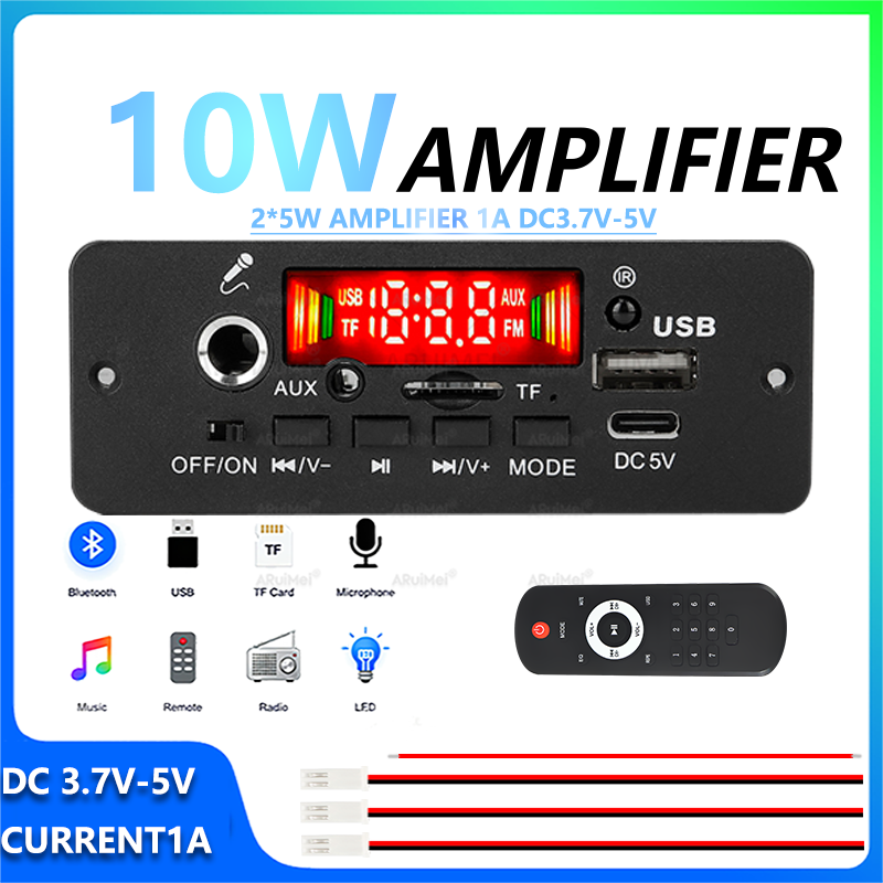 Módulo Amplificador Bluetooth Portátil 2x5W DC 3.7-5V Com Controle Remoto Para Sistema De Som DIY