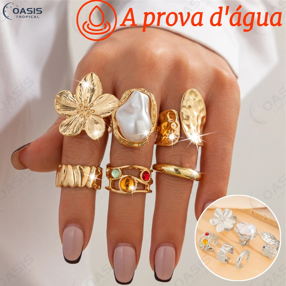 Conjunto De Anel De Pérola Floral Exclusivo Da Moda 6 Peças Para Mulheres Elegante Presente Diário Empilhável