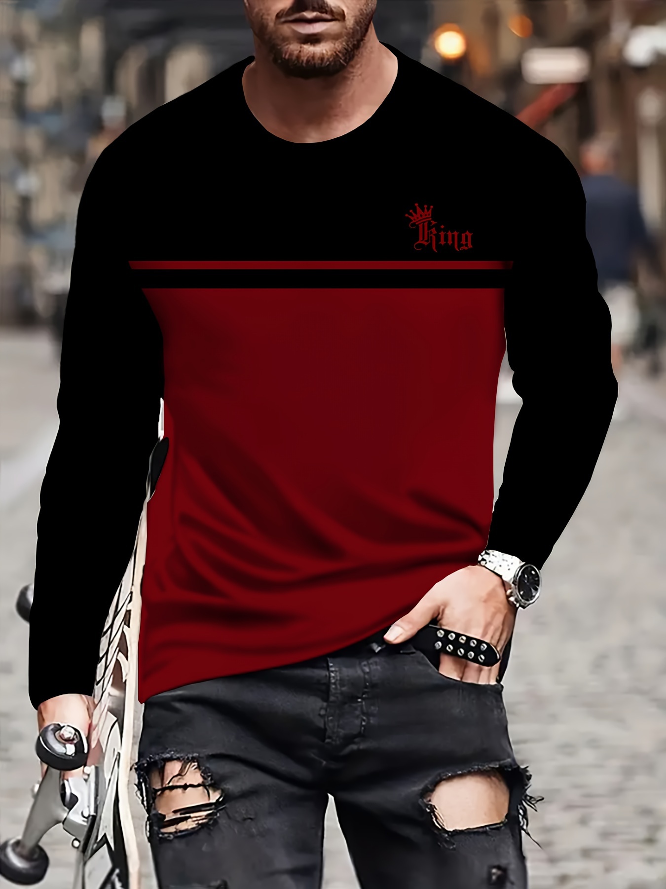 Camiseta masculina clássica de moda com estampa 3D digital, camiseta de manga longa confortável, casual e esportiva,
