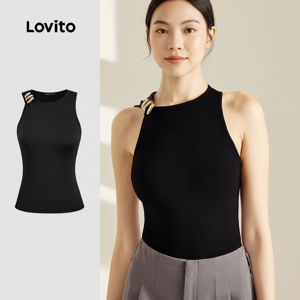 Lovito Top Feminino Assimétrico Casual Versátil Preto Primavera Verão L172ED788 em Oferta na Shopee