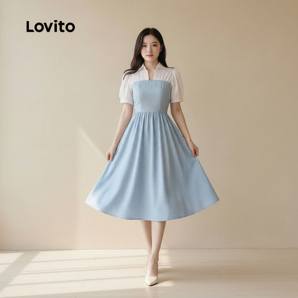 Lovito Refine Vestido Feminino Casual em Tons de Azul para Primavera Verão L158AD176