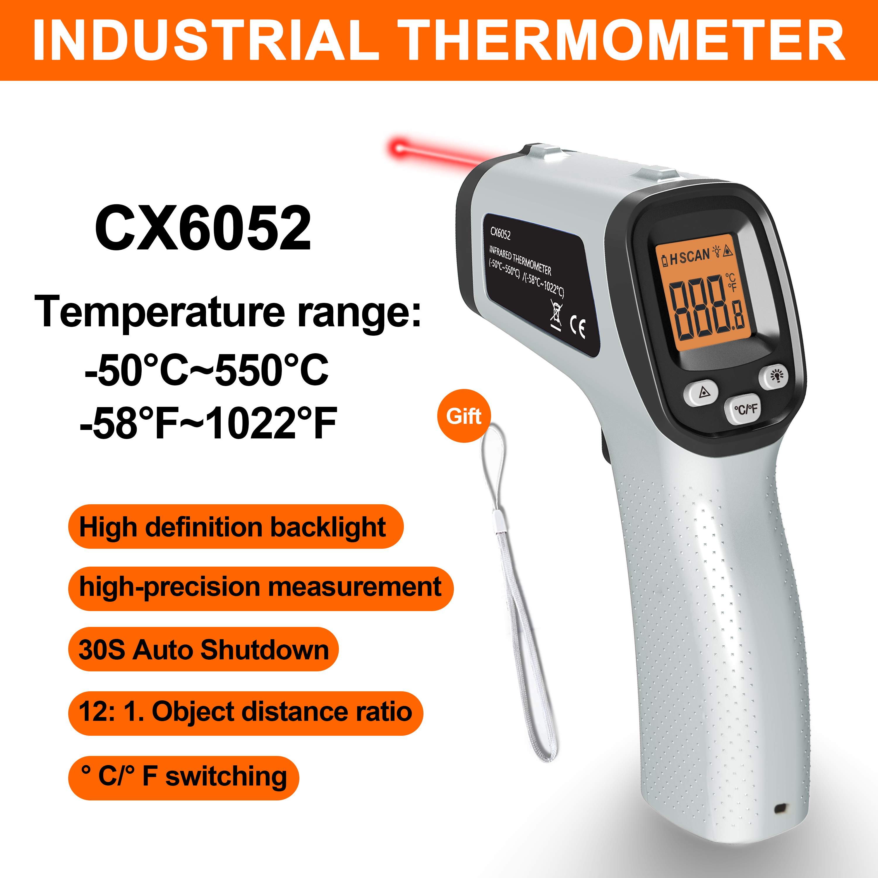 Termômetro Infravermelho De Um PC , Pistola De Temperatura Digital Sem Contato-50 ° C ~ 550/F Interruptor Da Luz De Fund