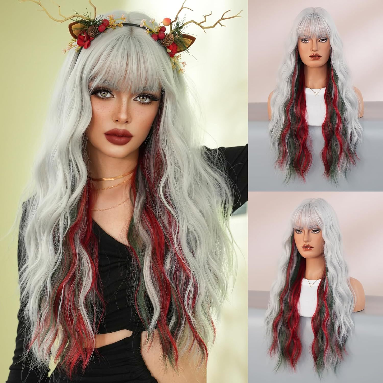 Peruca branca de cabelo longo com mechas vermelhas e verdes, franja de ar, cabelo sintético para looks natalinos e de