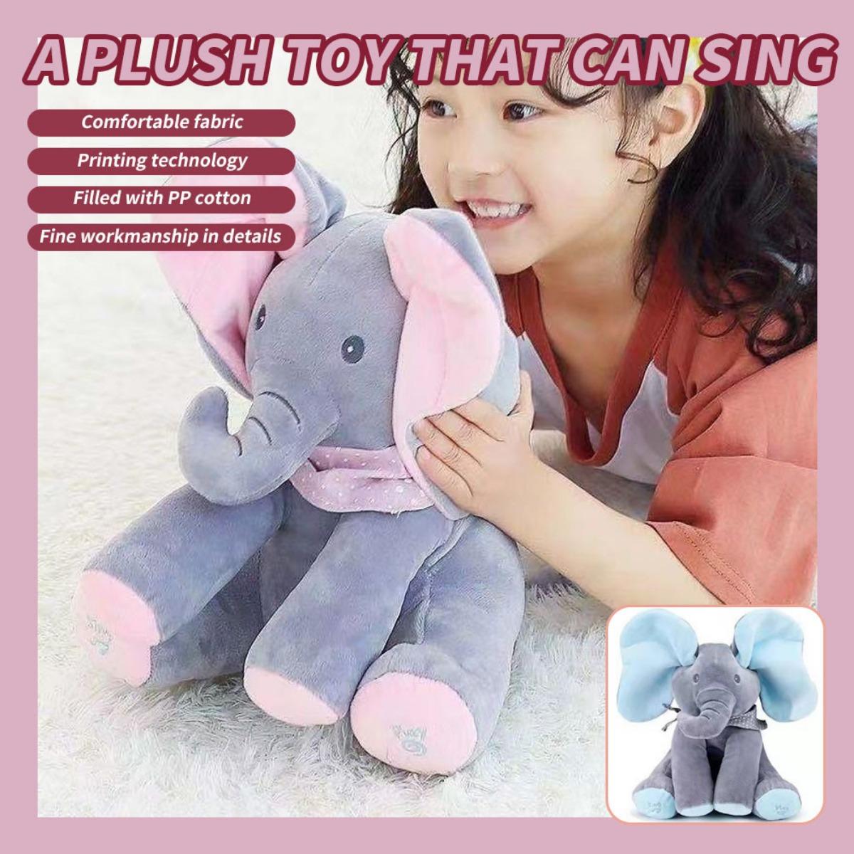 Elefante Musical Rosa Azul Pelúcia 33cm Light-Up Peek-a-Boo Com Orelhas Em Movimento Esconder Busca Operado Por Bateria
